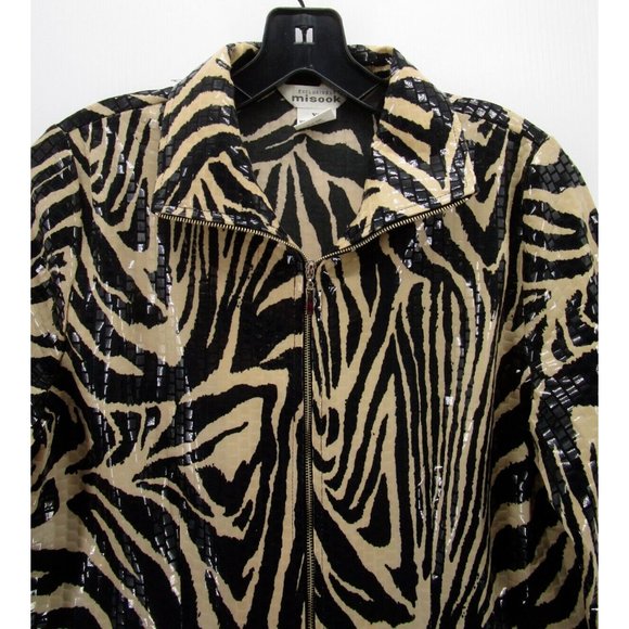 VINTAGE Misook Jacket XS Brown Full Zip Shiny Evenings Zebra Print - Picture 2 of 9